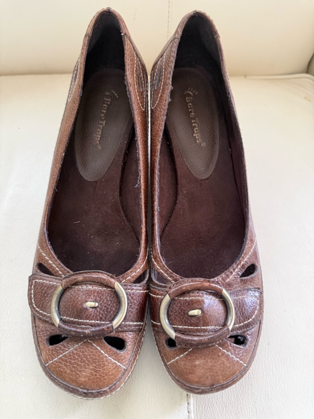 BareTraps Brown Leather Wedge Flats with Buckle Accent
